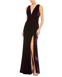 Mac Duggal Women's Velvet Pleated Wrapping Sleeveless Jersey Gown