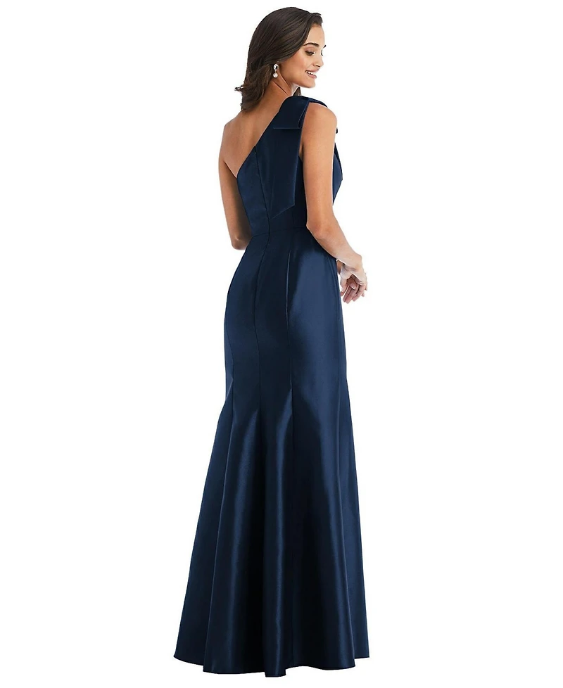 Alfred Sung Women's Bow One-Shoulder Satin Trumpet Gown