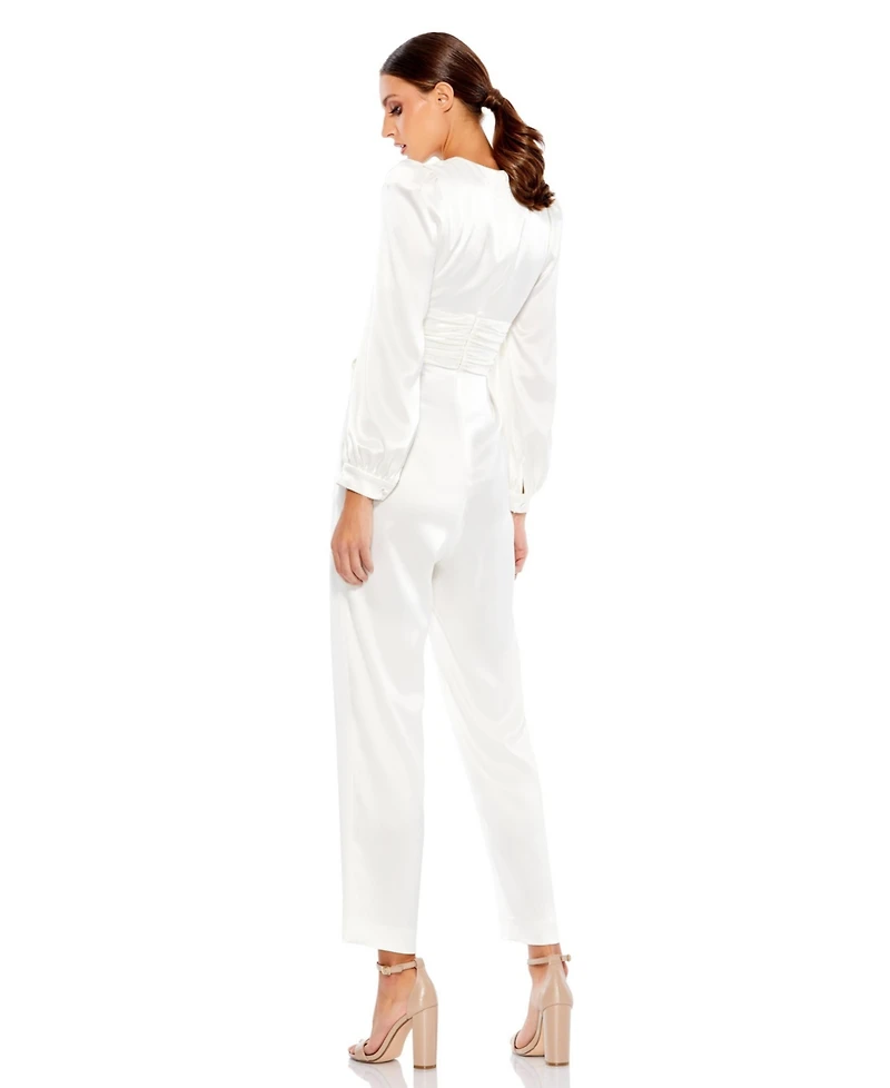 Mac Duggal Women's Front Twist Puff Sleeve Deep V Jumpsuit