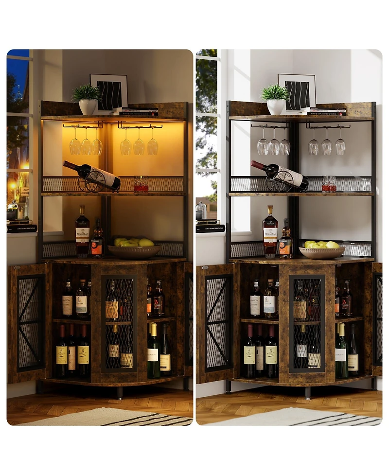 gaomon Tall Corner Bar Cabinet with Power Outlet and Led, Wine Cabiner for Liquor, Industrial Corner Cabinet with Wine Storage, 5-Tiers Liquor Cabinet