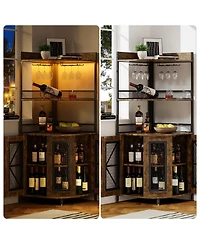 gaomon Tall Corner Bar Cabinet with Power Outlet and Led, Wine Cabiner for Liquor, Industrial Corner Cabinet with Wine Storage, 5-Tiers Liquor Cabinet