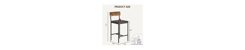 Bar Stools Set of 2, Kitchen Bar Stools with Footrest, 25.5 Inches Upholstered Bar Chairs with Back, 2 Counter Height Barstools for Counter Bar