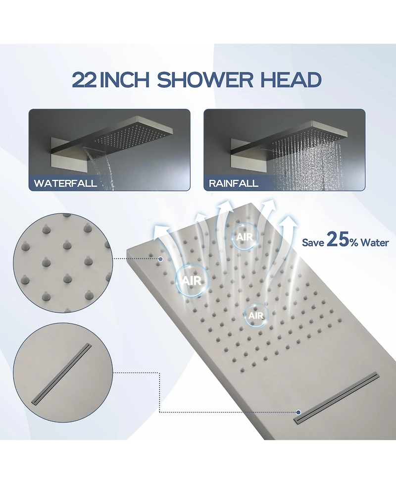 Casainc 22 Inch Luxury Waterfall Shower System Valve Kit with Handheld Spray