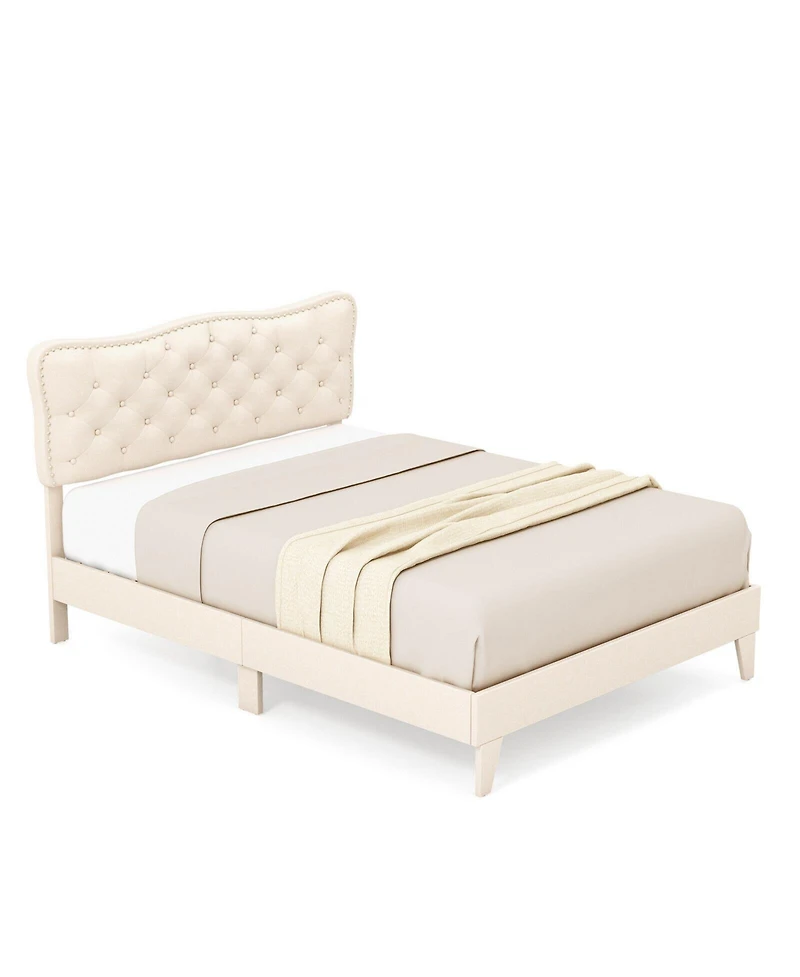 Sugift Full Size Bed Frame with Nail Headboard and Wooden Slats