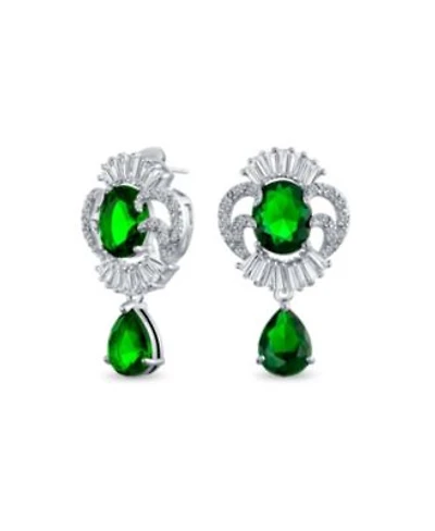Bling Jewelry Art Deco Style Green Cz Teardrop Crown Baguette Dangle Prom Statement Earrings Silver Plated Brass