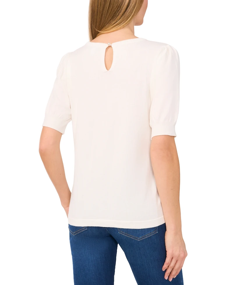 CeCe Women's Crewneck Puff Sleeve Cotton Sweater