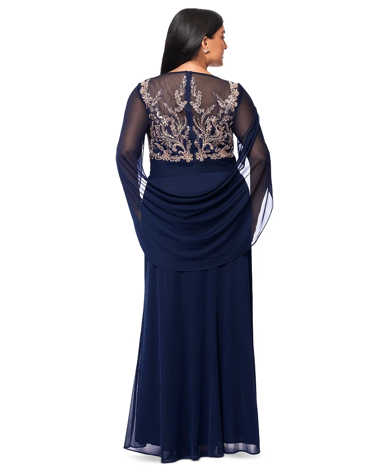 Betsy & Adam Plus Floral-Applique Cape-Sleeve Gown