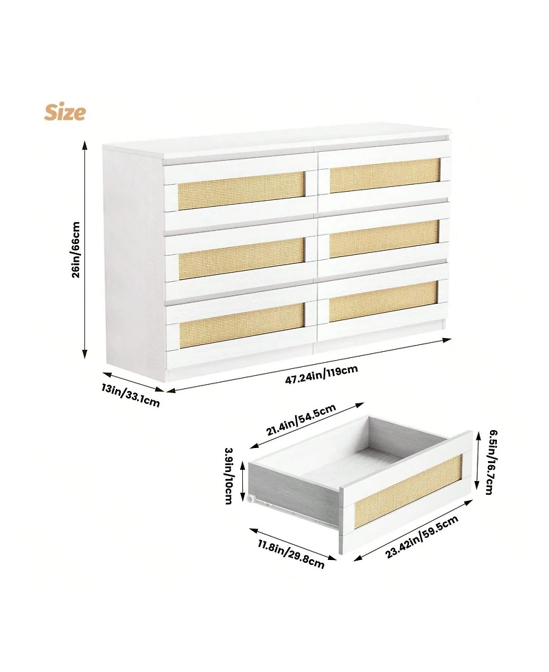 Rattan Dresser For Bedroom, 6 Drawer Dresser For Bedroom, Modern Wide Chest Of Drawers With Anti-Tip Kit