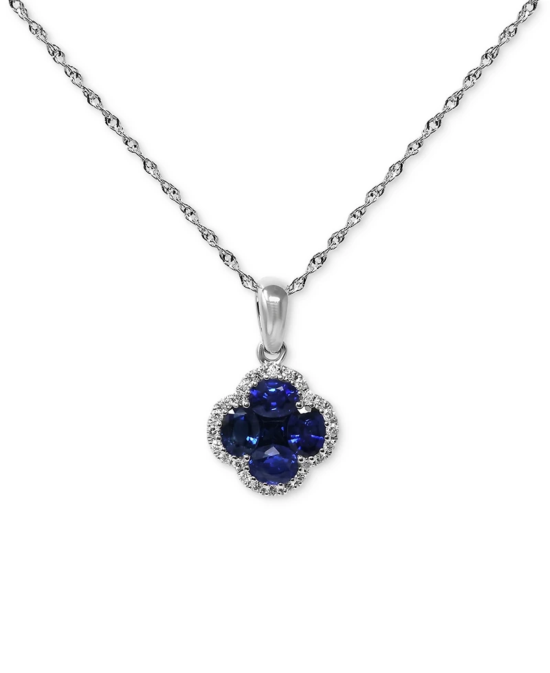 Sapphire (1 ct. t.w.) & Diamond (1/10 ct. t.w.) Clover Halo Cluster Pendant Necklace in 14k White Gold, 16" + 2" extender