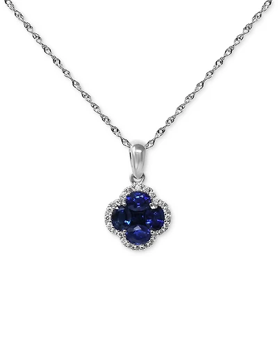 Sapphire (1 ct. t.w.) & Diamond (1/10 ct. t.w.) Clover Halo Cluster Pendant Necklace in 14k White Gold, 16" + 2" extender