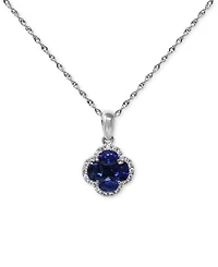 Sapphire (1 ct. t.w.) & Diamond (1/10 ct. t.w.) Clover Halo Cluster Pendant Necklace in 14k White Gold, 16" + 2" extender