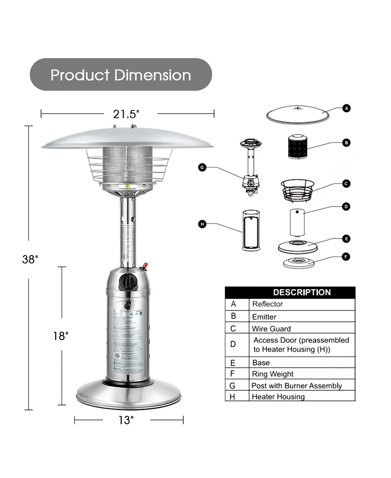 Sugift 11 000BTU Portable Tabletop Patio Stainless Steel Standing Propane Heater