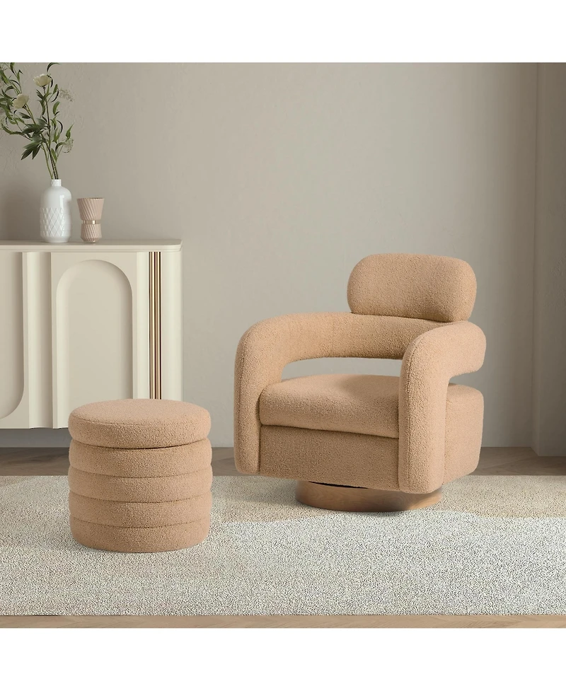 WestinTrends Mid-Century Modern Faux Sherpa Swivel Barrel Accent Chair With Storage Ottoman