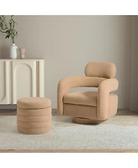 WestinTrends Mid-Century Modern Faux Sherpa Swivel Barrel Accent Chair With Storage Ottoman