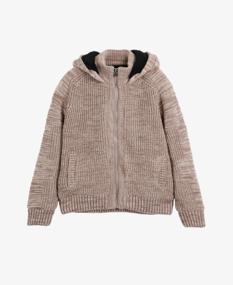 Boy's Hooded Faux Shearling Lining Full Zip Sweater With Moto Design Arm Piece