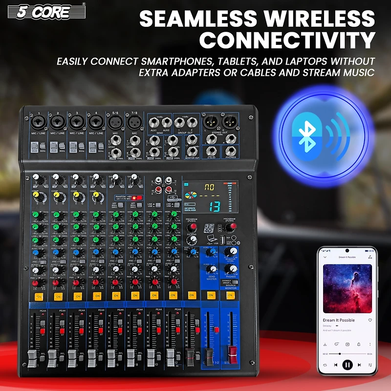 5 Core Audio Dj Mixer 12 Channel Sound Board Console w 99 Dsp Effect 48V Phantom Power
