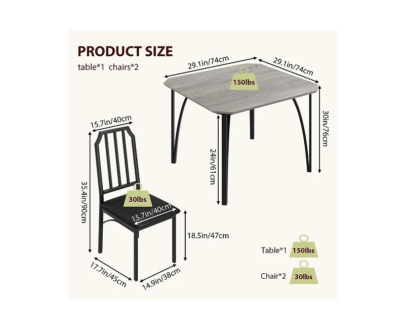 3 Pieces Dining Table Set for 2, Room Small Kitchen 2 with Upholstered Chairs, Dinner