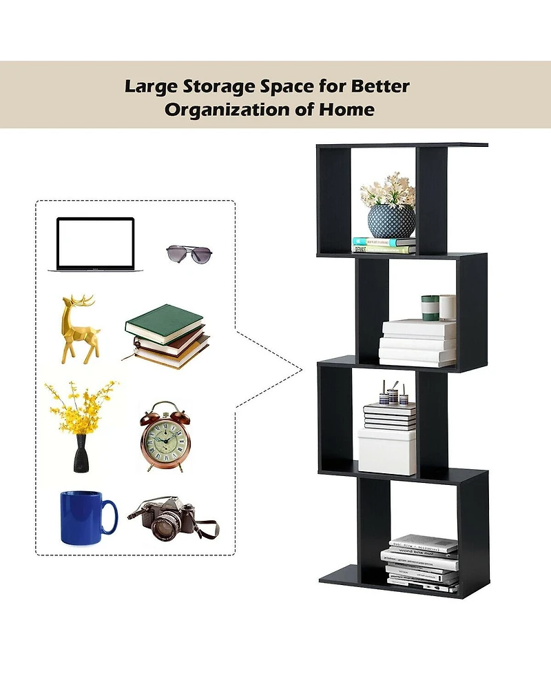 Gouun 4 Tiers Wooden S-Shaped Bookcase for Living Room Bedroom Office