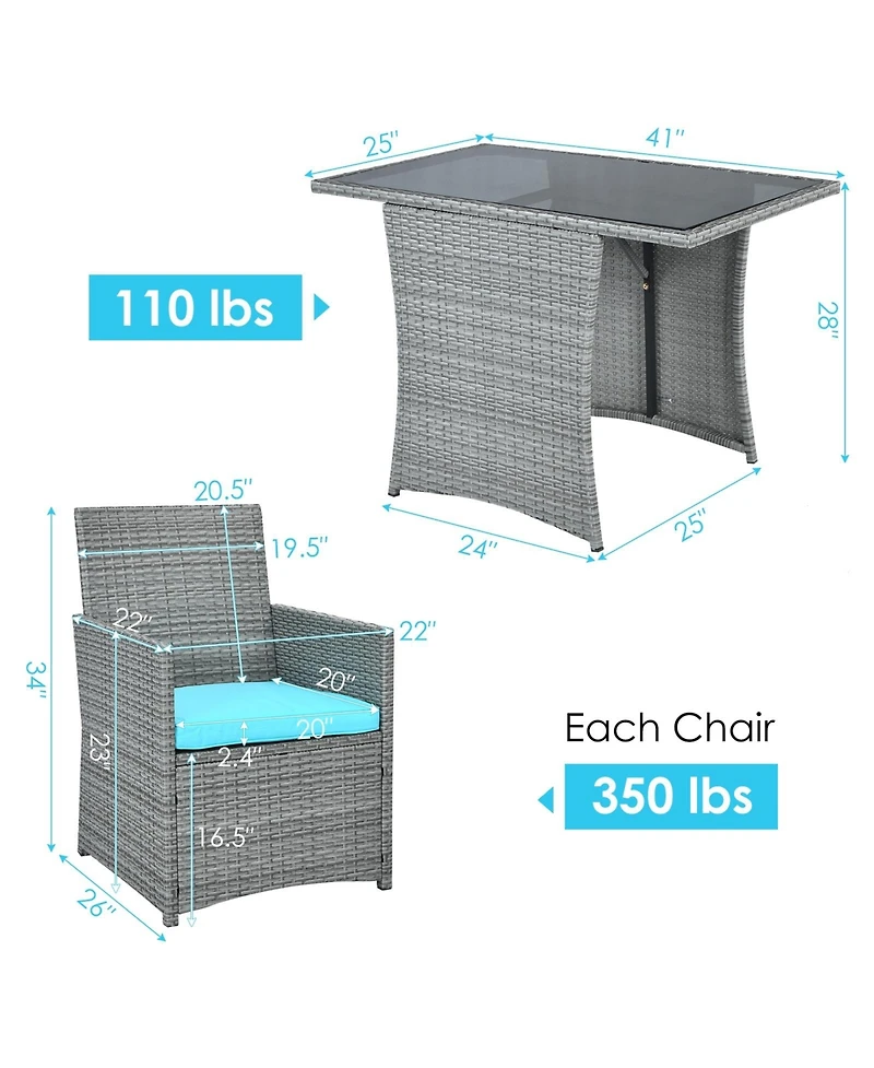 Gouun 3-Piece Patio Rattan Furniture Set with Cushioned Chairs and Glass Table