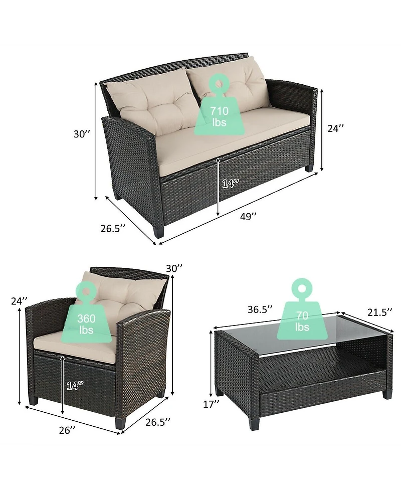 Gouun 4 Pieces Outdoor Rattan Furniture Set with Glass Table