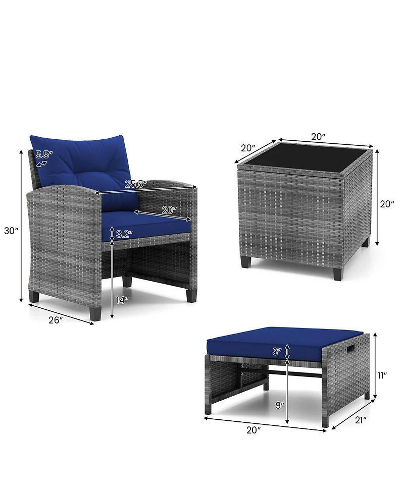 Gouun 5 Piece Patio Rattan Furniture with 2 Ottomans and Tempered Glass Table