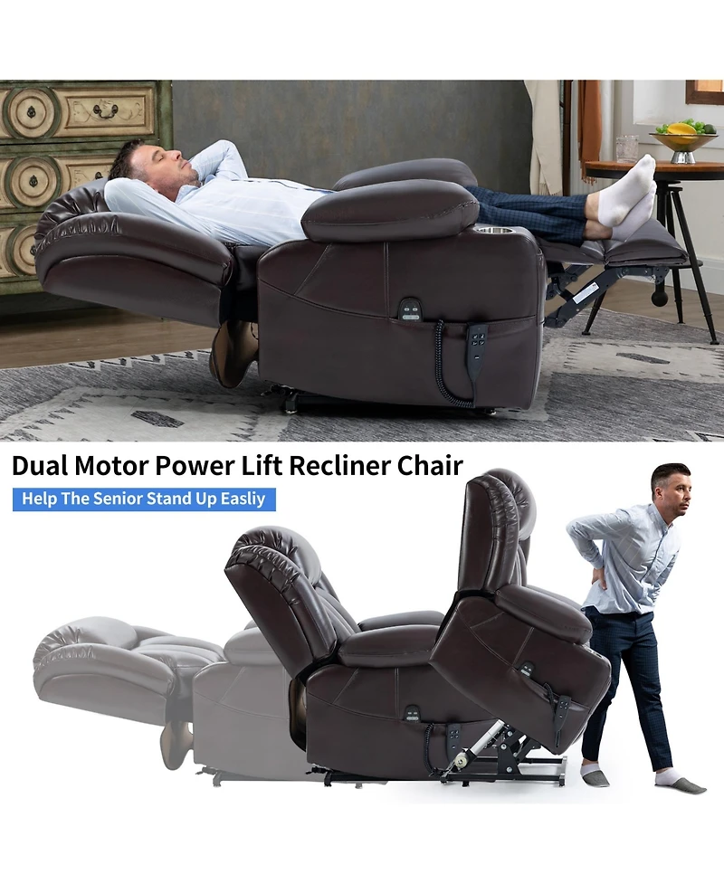 Power Lift Recliner Chair Heavy Duty Motion Mechanism with 8-Point Vibration Massage and Lumbar Heating Stainless steel Cup Holders