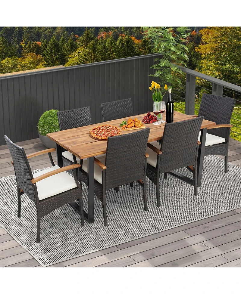 7 Pieces Outdoor Wicker Chair and Dining Table Set-Wood Handrail