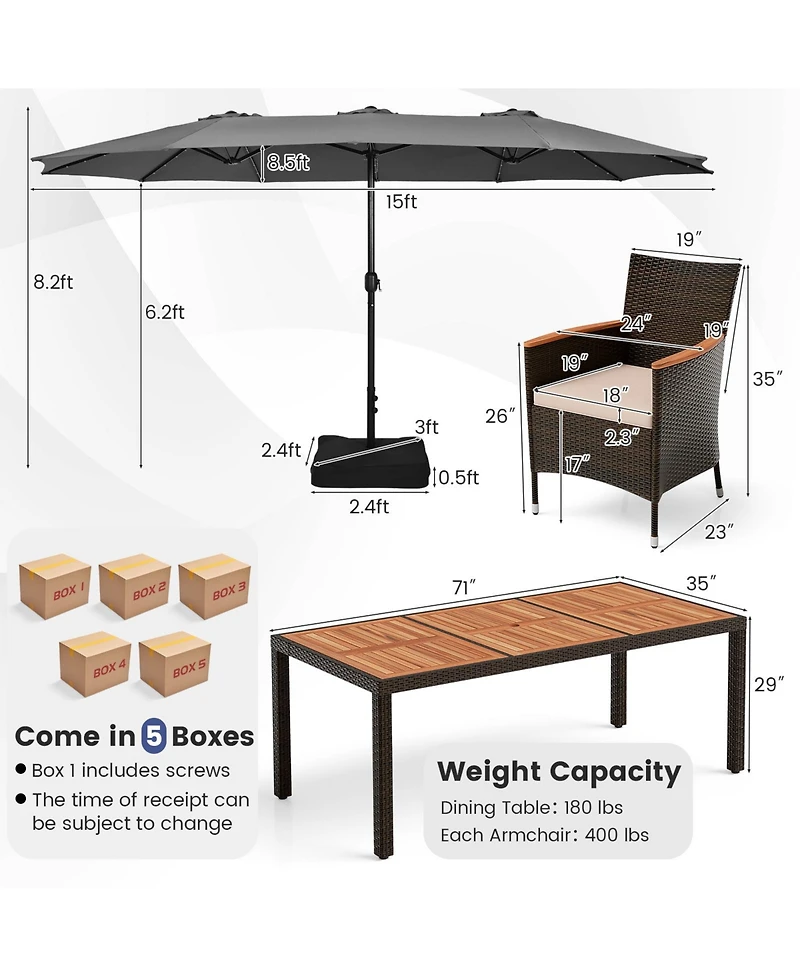11 Pieces Patio Dining Set with 15 Feet Double-Sided Patio Umbrella and Base
