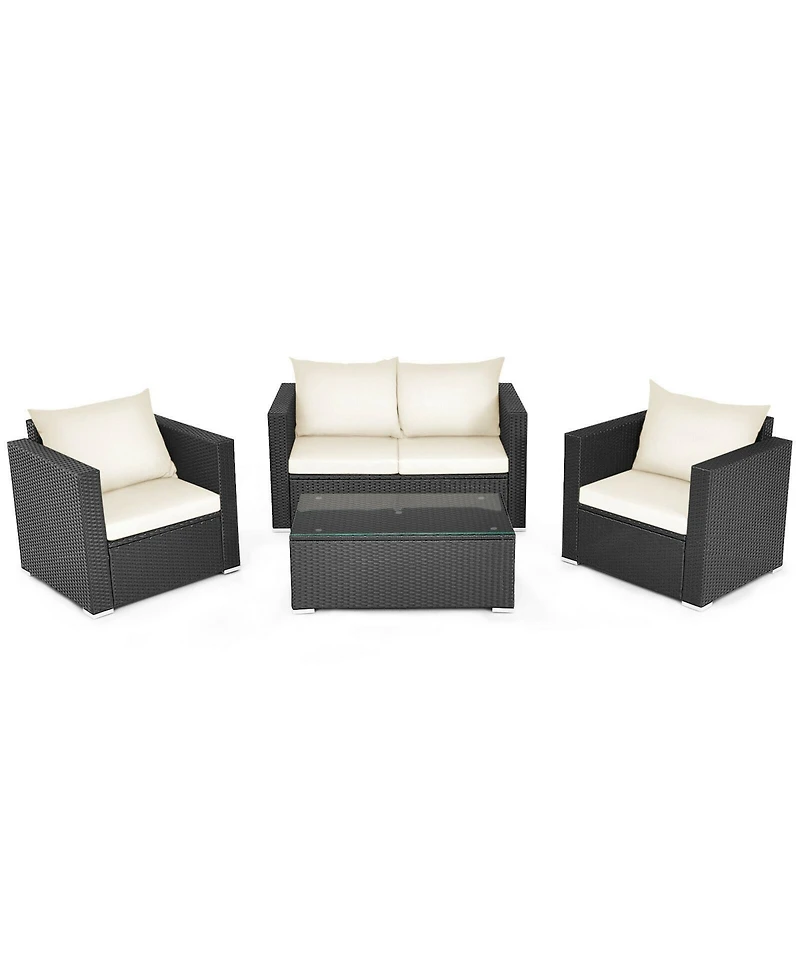 4 Pieces Patio Rattan Conversation Set with Padded Cushion and Tempered Glass Table