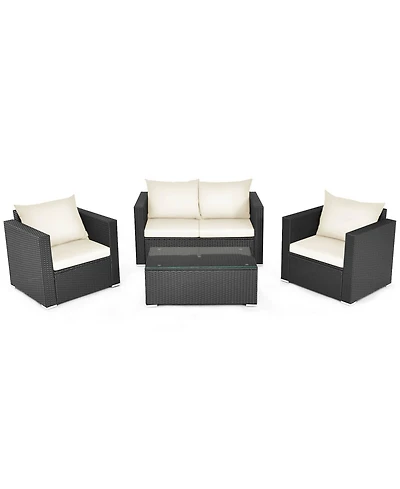 4 Pieces Patio Rattan Conversation Set with Padded Cushion and Tempered Glass Table