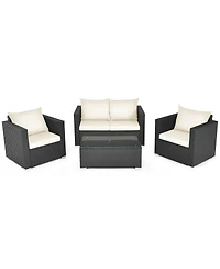 4 Pieces Patio Rattan Conversation Set with Padded Cushion and Tempered Glass Table