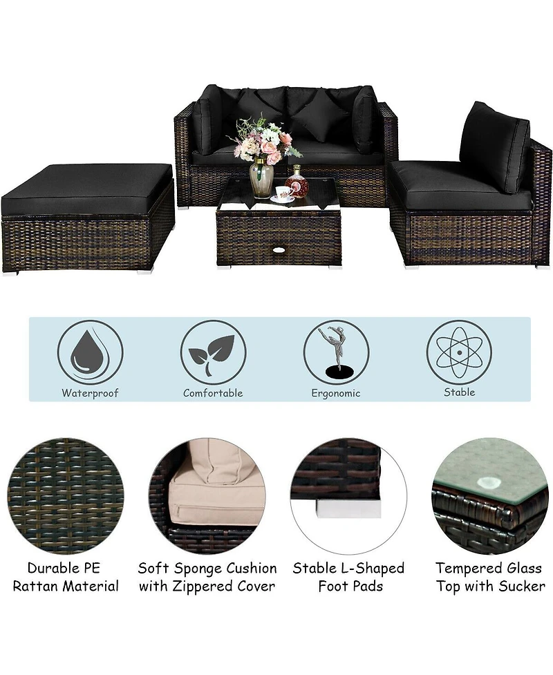 5 Pcs Outdoor Patio Rattan Furniture Set Sectional Conversation with Cushions