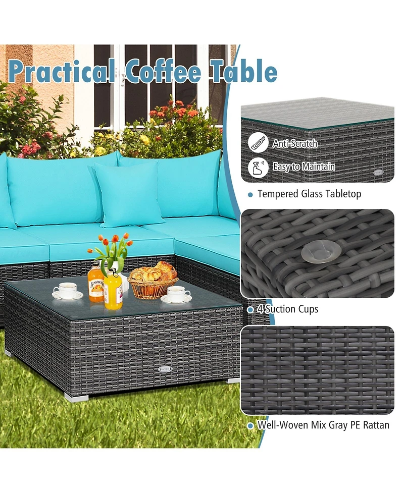 7 Pieces Patio Rattan Furniture Set with Sectional Sofa Cushioned