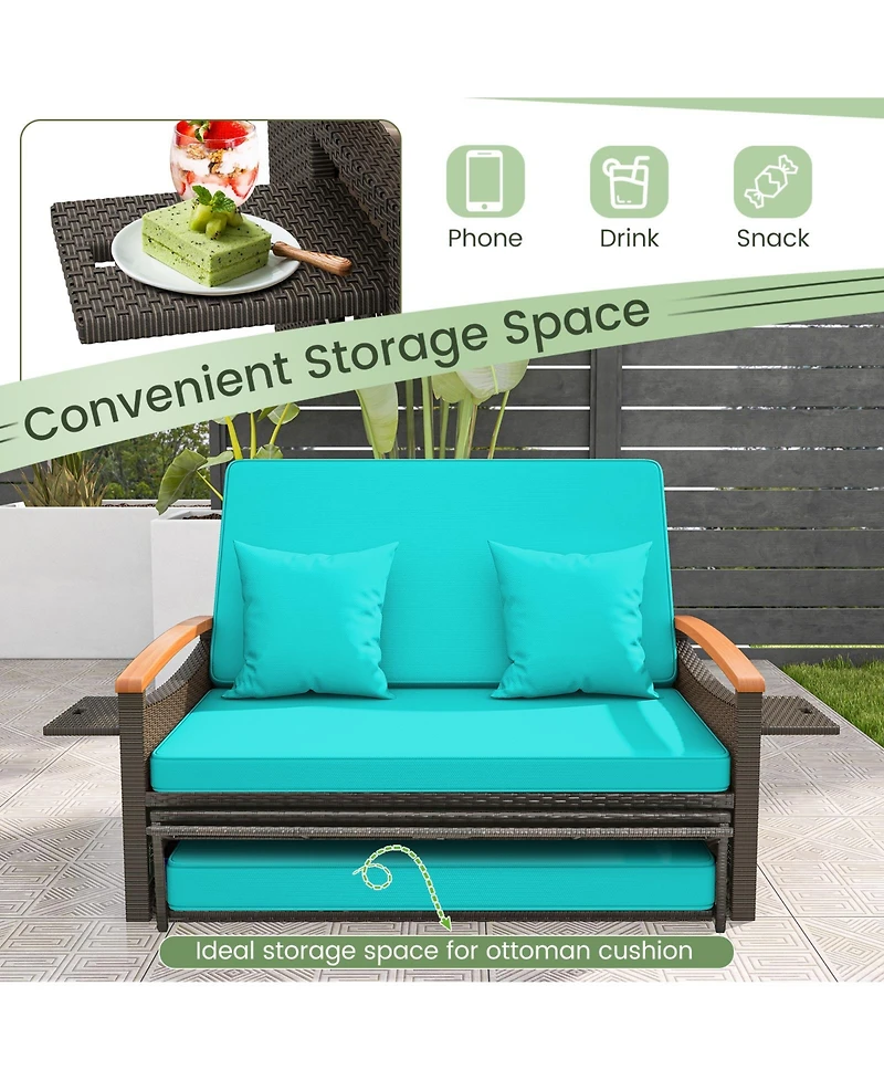 Gouun Outdoor Wicker Daybed with Folding Panels and Storage Ottoman