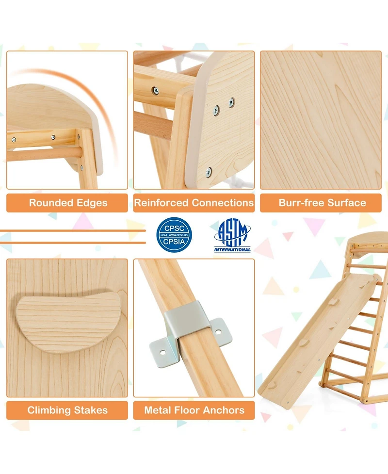 Gouun 6-in-1 Jungle Gym Wooden Indoor Playground with Double-Sided Ramp and Monkey Bars