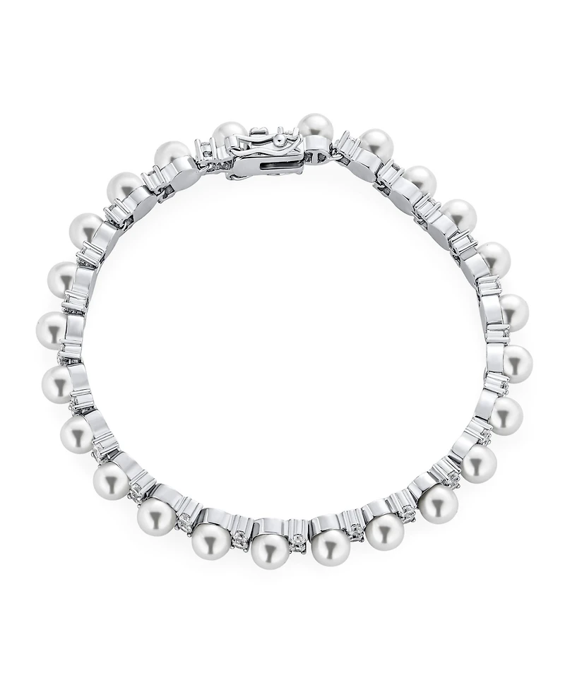 Bling Jewelry Alternating Round Cz Accent White Simulated Pearl Strand Bracelet 7.25 Inch