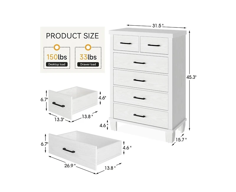 6 Drawer Dresser for Bedroom, Modern Chest of Drawers, 31.5 Inch Wide Storage Cabinet with Sturdy Legs, Tall Dresser Storage Tower for Closet Bedroom