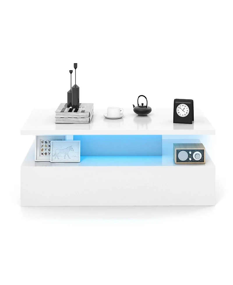 Gymax Led Coffee Table 2-Tier High Glossy with Adjustable Light & Remote Control White