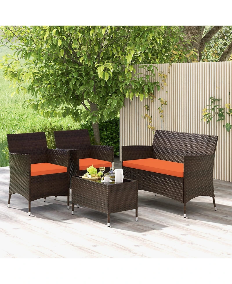 Gouun 4 Pieces Comfortable Outdoor Rattan Sofa Set with Glass Table