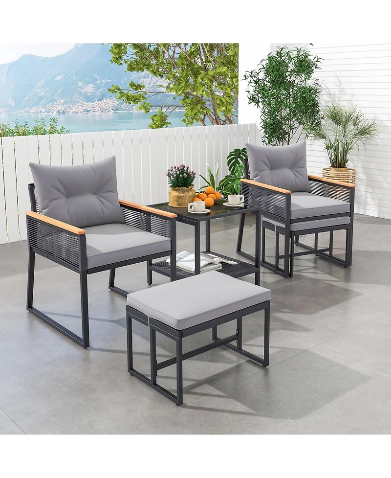 Gouun 5-Piece Outdoor Rattan Conversation Set with Cushions, Ottomans, and 2-Tier Side Table