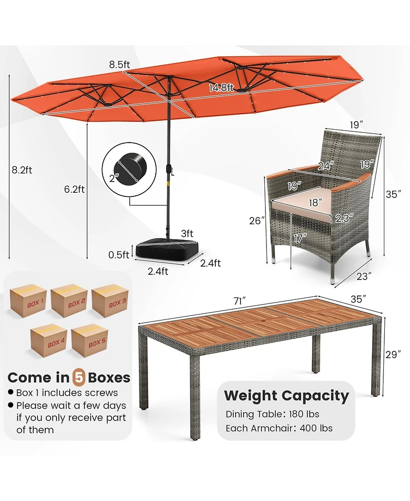 11 Pieces Patio Dining Set with 15 Feet Double-Sided Patio Umbrella Base Included