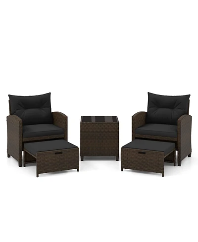 Gouun 5 Pieces Patio Rattan Furniture with 2 Ottomans and Tempered Glass Table
