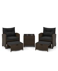 Gouun 5 Pieces Patio Rattan Furniture with 2 Ottomans and Tempered Glass Table
