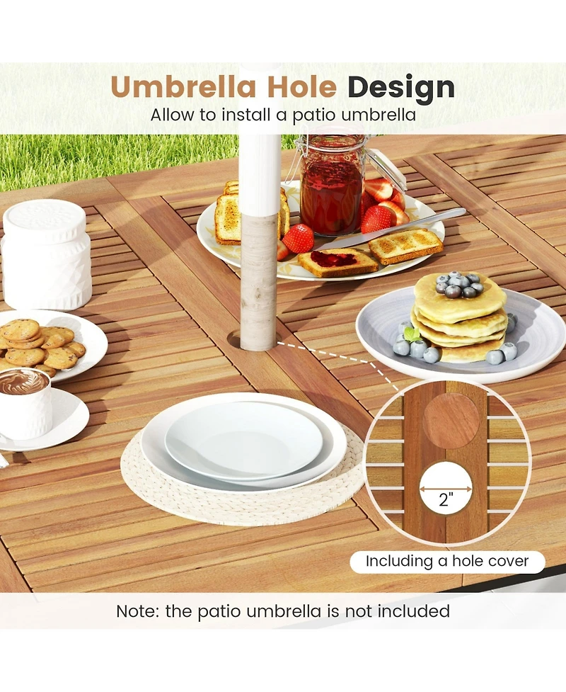 Gouun 63 Inch Rectangular Outdoor Dining Table for 6 People with Acacia Wood Tabletop and Umbrella Hole-63 inches