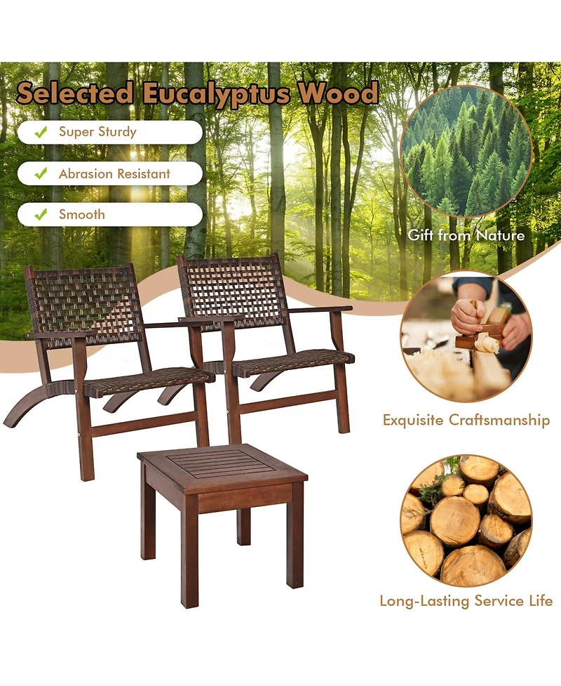 3 Pieces Outdoor Wooden Patio Rattan Furniture Set