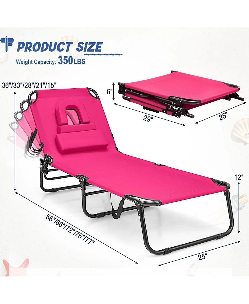 Gouun Beach Chaise Lounge Chair with Face Hole and Removable Pillow