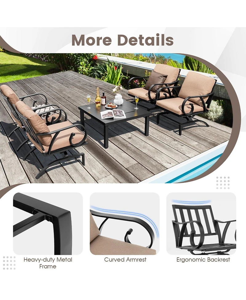 5 Pieces Patio Rocking Chairs and 4-in-1 Fire Pit Table with Fire Poker