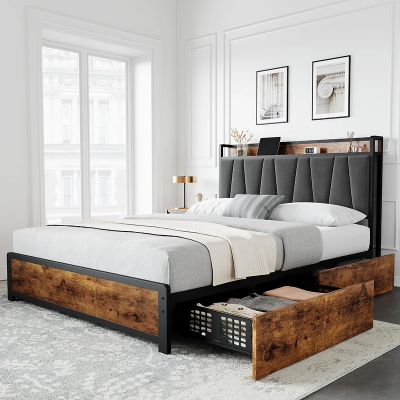 gaomon Queen Size Bed Frame with Upholstered Storage Charging Headboard, Heavy Duty Metal Platform Bed Frame with 4 Storage Drawers, Noise Free, No Bo