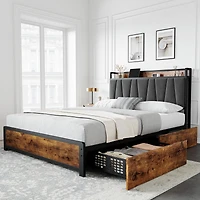 gaomon Queen Size Bed Frame with Upholstered Storage Charging Headboard, Heavy Duty Metal Platform Bed Frame with 4 Storage Drawers, Noise Free, No Bo