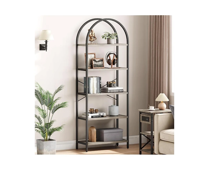 gaomon Bookshelf 5 Tier Bookcase Arched Display Racks Tall Standing Bookshelves Metal Frame Farmhouse Storage Rack Shelf Grey Book Shelf for Bedroom